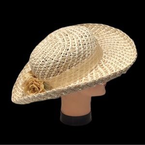 Raffia Woven Wide‎ Brim Summer Hat, 2-Tone Tan, Tan Flower